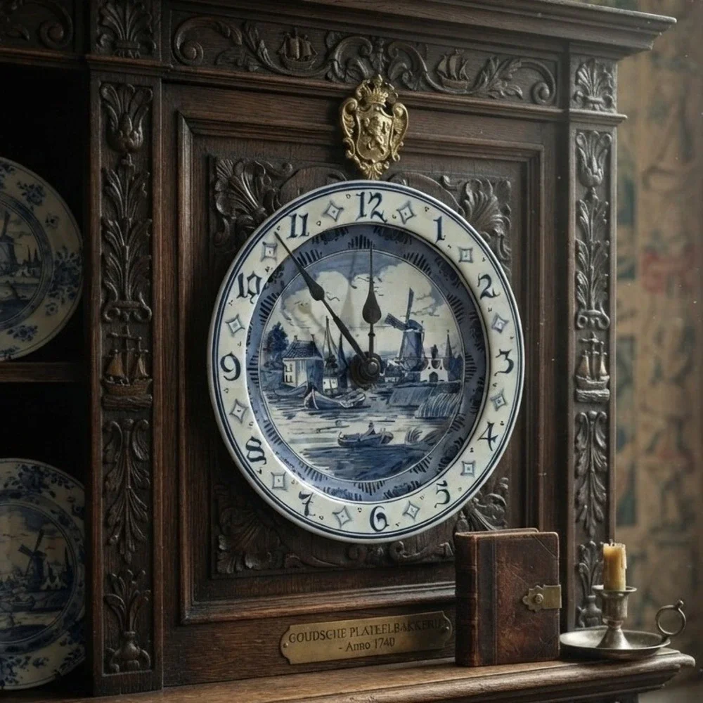 Blauw Delfts Blue White Ceramic Wall Clock Windmill Dutch Pottery 11 inch